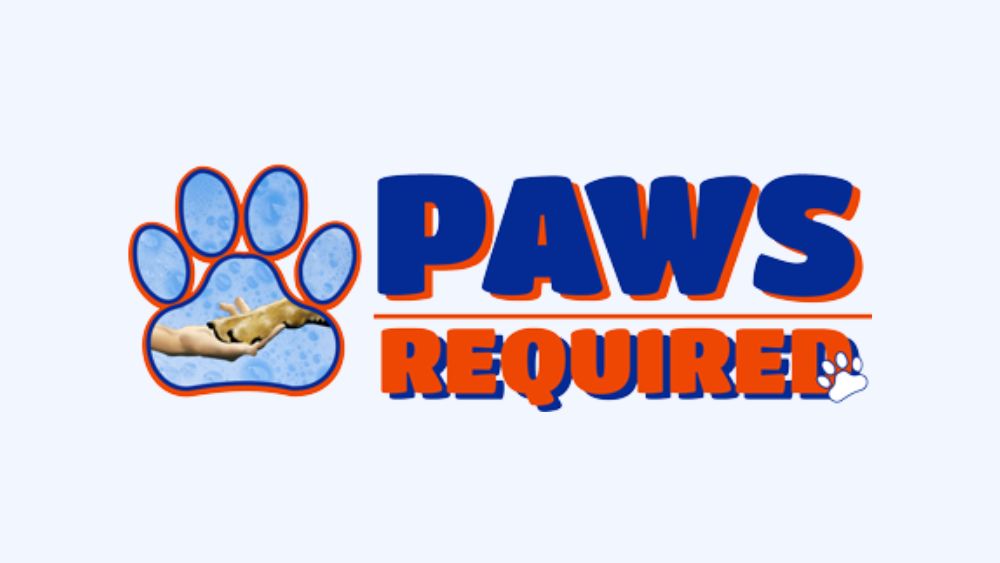 Logo with text "Paws Required" and animal paw graphics.